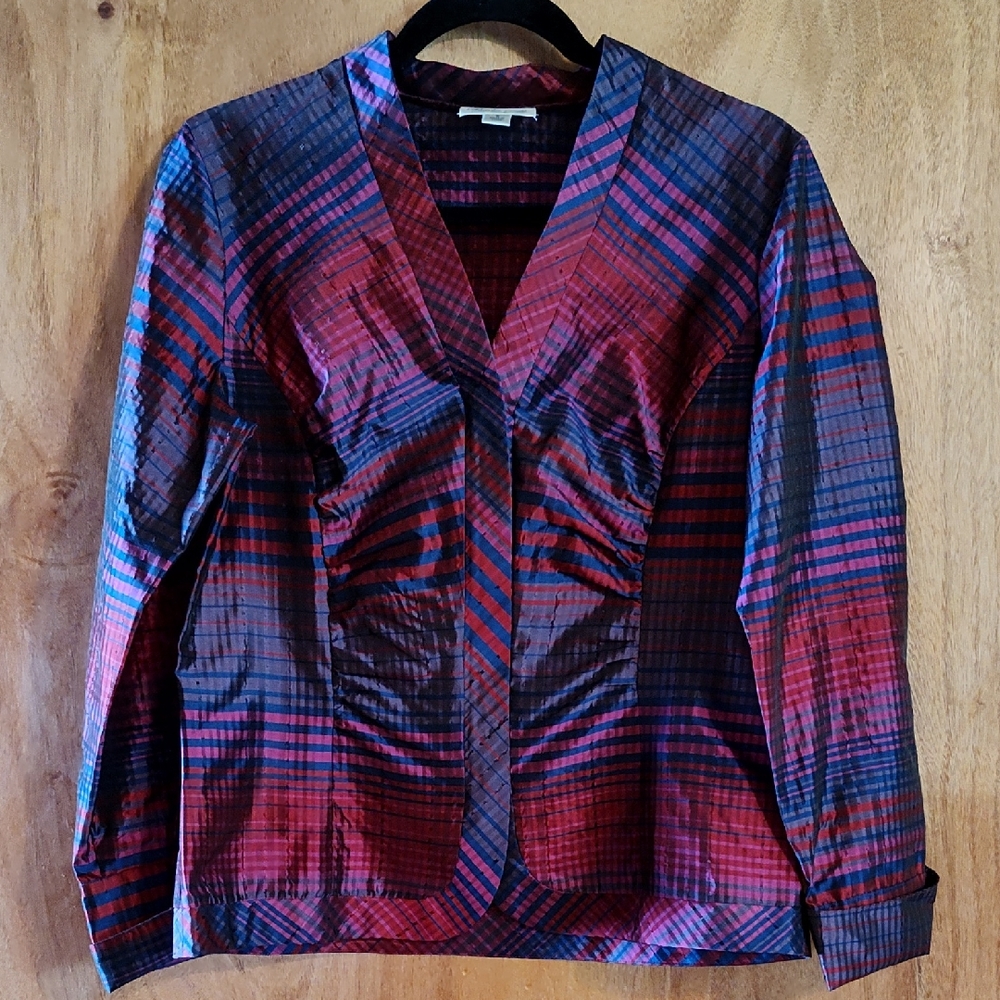 Coldwater Creek Womens Silk Blend Shirred Taffeta Blouse Plaid Red Pink Blue S